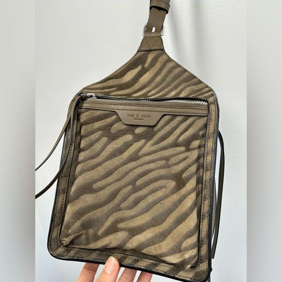 Rag & Bone Elliot Sling Pack Taupe Green Leather Zebra Pony Hair - Picture 7 of 14